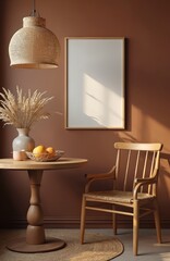 Poster - Cozy boho-style dining room interior with wooden furniture. Rattan chair, round wooden table, vase with dried flowers. Brown wall with poster mockup template. Warm neutral tones create calm
