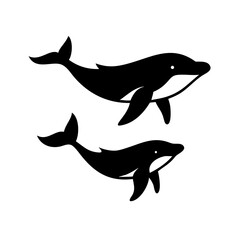 Poster - Two stylized aquatic mammals swimming gracefully in a monochrome design, sea life depiction art form