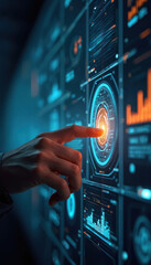 Fototapete - Hand interacts with digital interface displaying data analytics. Data visualization, user interaction analysis, graphs, statistics, information, user interface. Network innovation, software tech,