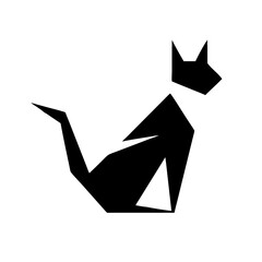 Poster - Geometric feline design in black and white with sharp angles and a stylized tail and ears design