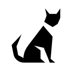 Poster - Geometric feline silhouette in black and white with angular shapes and pointed ears sitting still