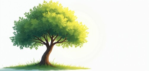 Aufkleber - Illustration serene tree on white background with soft sunlight filtering through leaves, minimalist design. Rich plants, foliage, grass. Ideal for eco-friendly themes, nature projects, book