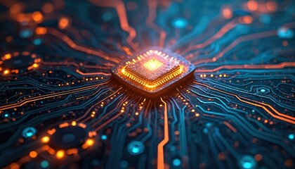 Aufkleber - Digital illustration of tech processes, data transfer, AI neural networks, data security. Central processing unit CPU with glowing circuits, microchips. Blue, orange, black background for multimedia