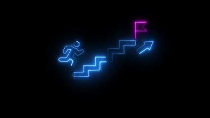 Fototapete - Glowing neon line of man conquering mountain peak icon isolated . Business concept of victory, success, goal achiever Success icon animation. Animation of victory, success, goal achiever.
