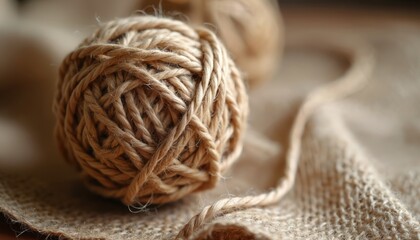 Poster - Close-up natural twine ball on burlap fabric. Rustic craft atmosphere. Beige and brown tones. Textural hemp fiber ball, cord, loop. Earthy eco-friendly materials.