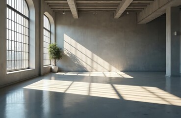 Leinwandbilder - Empty concrete loft interior. Large arched windows with grid pattern, daylight shadows. Minimalist design, empty space, plant in pot. Modern interior, open space for design or architecture project.