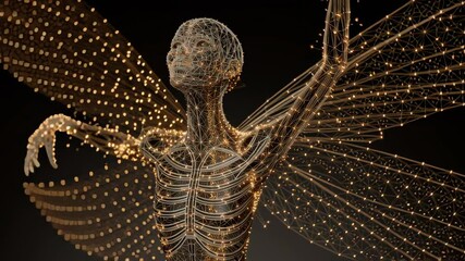 Poster - Golden fairy mesh particles spreading delicately across dark background, glowing with ethereal energy and mythical grace, transforming through intricate digital animation