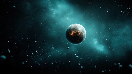 Wall Mural - An enchanting visual of a distant planet illuminated by cosmic light, surrounded by a nebula of stars and space debris, presenting the beauty and mystery of the universe.