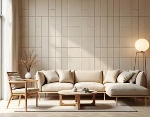 Poster - Cozy living room interior design concept beige tones. Modern minimalist apartment with tiled wall. Comfortable sofa with pillows, chair, coffee table. Sunlight from window. Home decor, minimalist