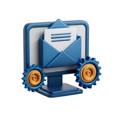 Poster - 3d blue computer monitor with open envelope and gears isolated on transparent background