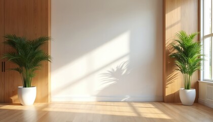 Aufkleber - Minimalist interior design featuring blank white wall flanked by potted plants. Warm wooden panels, natural light create serene atmosphere. Wooden floor, white pots give feeling of comfort, invite to