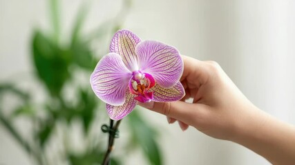 Wall Mural - human hand gently holding vibrant pink orchid flower