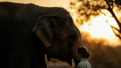 Wall Mural - woman and elephant at sunset, tranquil moment