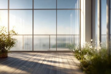 Poster - Sunlit interior with expansive glass windows, warm wooden floor, and vibrant plants, creating a peaceful atmosphere.