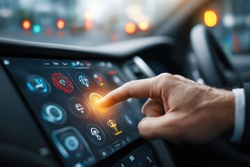 Poster - A hand interacts with a futuristic car infotainment system on a digital screen.