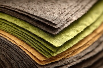Poster - Stacked layers of natural earthy-toned fabric with a textured fibrous surface.