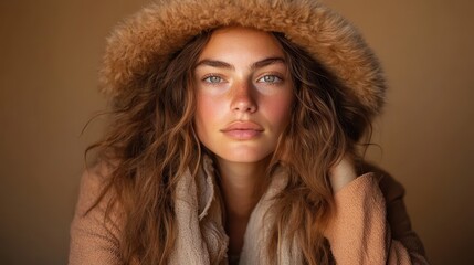 Poster - A close-up portrait of a young woman wearing a fur-lined hood, showcasing beautiful, soft features and a warm, inviting expression, enhancing feelings of comfort and warmth.