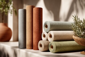 Poster - Natural Cork Rolls and Tubes Displayed with Plants in Soft, Earthy Lighting