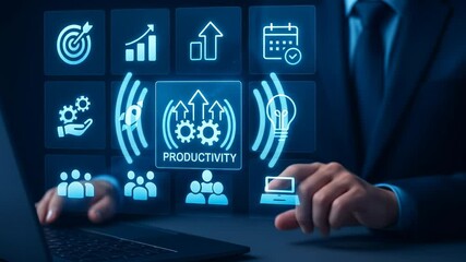 Poster - Productivity, business, technology, growth, and efficiency icons with professional using laptop, representing workplace innovation and digital transformation for success, highlight management