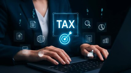 Aufkleber - Businesswoman tax finance accounting digital technology data analysis and online management with computer, showcasing modern tax concept, professional working laptop, digital tax icons, and advanced