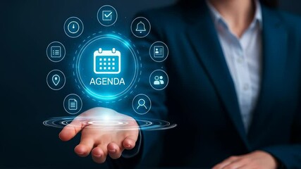 Aufkleber - Agenda Planning and Business Meeting with Digital Schedule and Organization Concepts Featuring Businesswoman Holding Virtual Agenda Icon, Technology, Communication, and Productivity Symbols