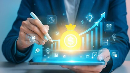 Aufkleber - Businessman holding tablet with digital money bag, financial growth chart, technology icons, representing business finance, investment, profit, digital innovation, and strategy for success with