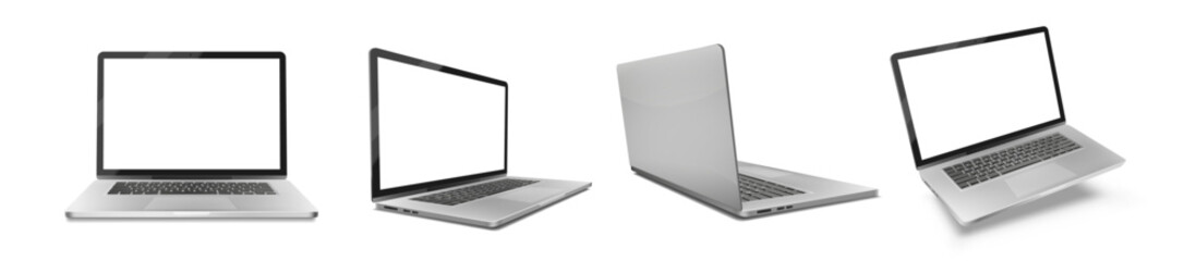 Poster - Realistic laptop mockup set. Laptop or portable devices with blank screen from different angles views. Gadget with copy space for presentation. 3D vector illustration collection isolated on background