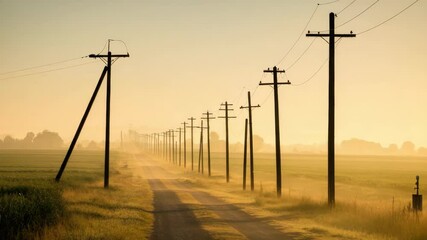 Wall Mural - rural dirt road lined with telephone poles during sunset, peaceful countryside scene