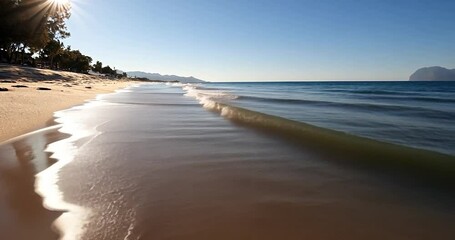Wall Mural - video of tranquil sunlit beach scene gentle waves lapping shore clear blue sky sunshine and soft whi