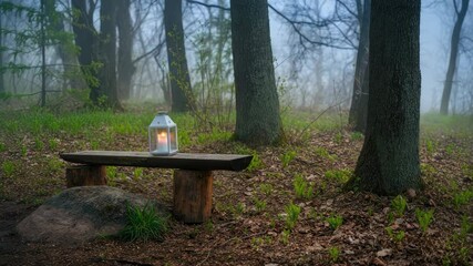 Wall Mural - candle lantern on rustic bench in misty forest scene, evoking tranquility and solitude