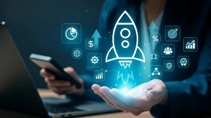 Aufkleber - Startup Innovation Technology Business Growth Digital Success Finance Entrepreneur Futuristic Concepts with Glowing Rocket Icon, Digital Marketing, Data Analytics, and Futuristic Interface