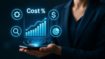 Aufkleber - Cost Percentage Finance Business Analysis Graph Chart Technology Digital Growth Success with Businesswoman Holding Smartphone, Financial Growth Chart, Dollar Symbol, Pie Chart, Magnifying Glass