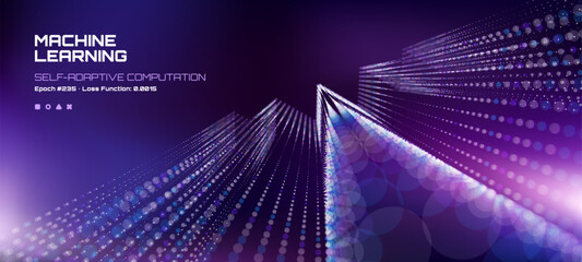 Poster - Machine learning self-adaptive computation on a purple background. AI and data science concept, neural network technology.