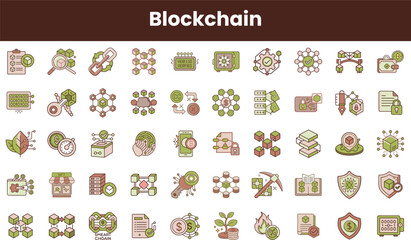 A diverse array of blockchain-related icons, featuring elements like chains, security shields, and charts, depicting the essence of digital technology and innovation.