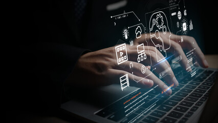Poster - Business hands on keyboard with digital AI icons, data analysis, and cloud computing visuals, ideal for tech, innovation, and artificial intelligence themes. 3d Rendering