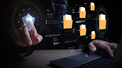 Poster - Futuristic cybersecurity interface with hands on keyboard, digital file folders, and big data visualization symbolizing data protection and secure cloud storage systems. 3d Rendering
