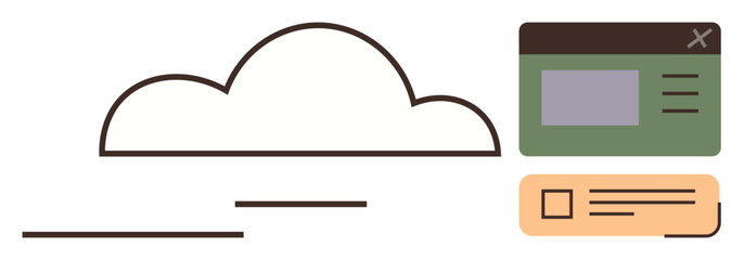 Poster - Cloud outline with data interfaces, browser window, and document icon. Ideal for cloud storage, digital services, technology, applications, automation, software simple flat metaphor
