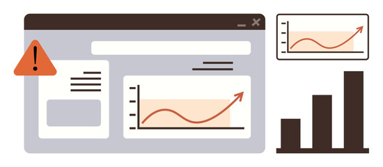 Data interface featuring warning alert, upward growth line graph, and bar graph comparison. Ideal for analytics, business growth, statistics, monitoring, risk management, progress tracking simple