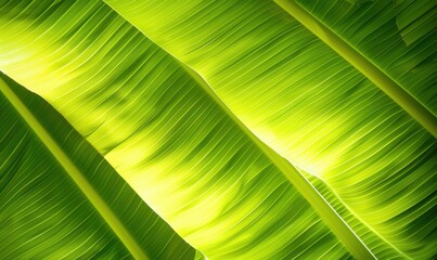 Poster - Lush green banana leaf texture close up botanical nature background