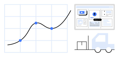 Poster - Line graph with blue data points, analytics dashboard, and delivery truck highlight tracking, business growth, and logistics. Ideal for analysis, planning, shipping, growth efficiency logistics