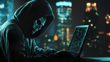 hacker in hoodie working on laptop