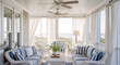 © Colors of Earth Co. - Hamptons sunroom with striped furniture and ceiling fan, bright coastal living space for luxury vacation rental website banners and real estate marketing headers