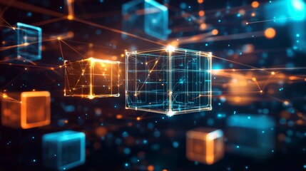 Fototapete - Illuminating action of glowing cubes in a futuristic cyberspace scene digital environment high-tech viewpoint abstract concept