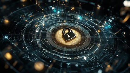 Poster - Securing innovation futuristic lock icon over technology grid digital landscape virtual environment high-tech concept