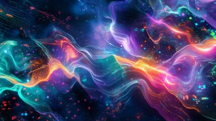  - Exploring a glowing digital cyberspace neon lines cascading through a futuristic environment in a virtual realm