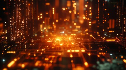 Poster - Exploring a glowing digital machine structure in an urban environment 3d visualization futuristic concept