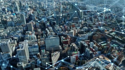Poster - 現代都市の空撮風景と通信ネットワークのコンセプト