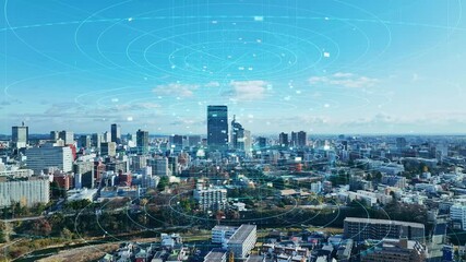 Poster - 現代都市の空撮風景と通信ネットワークのコンセプト
