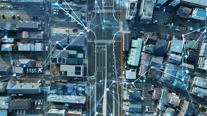 Aufkleber - 現代都市の真俯瞰空撮風景と通信ネットワークのコンセプト