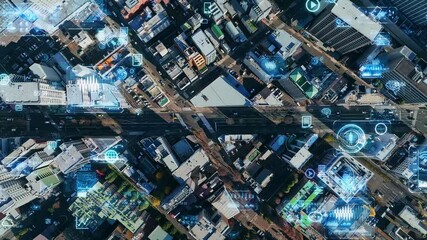 Aufkleber - Aerial view of modern city and digital technology concept